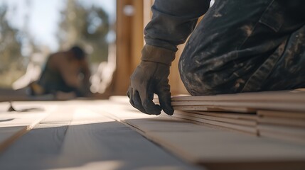 Construction Worker Handling Wooden Planks