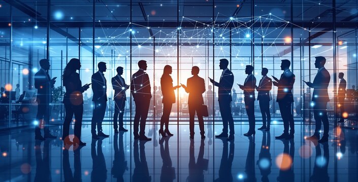 Group of business people interacting in a modern office setting, creative digital network graphics overlay, on a blue gradient background. Concept of communication. Ai generative - Powered by Adobe
