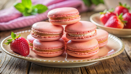 Pink macarons with strawberries on elegant plate