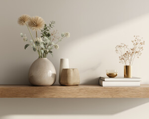 Neutral Home Decor Wooden Shelf with Vases Dried Flowers and Books