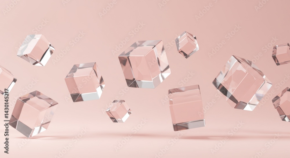 Aufkleber floating crystal cubes: abstract minimalist 3d render of elegant glass blocks in soft pink backgroun