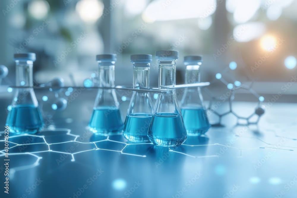 Poster blue liquid in laboratory flasks on a table with molecular structure background at sunset