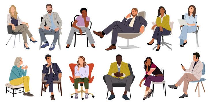 Diverse Business people sitting on office chair, talking by phone, working at laptop. Men and women in smart casual office outfits. Vector illustration on isolated on transparent background