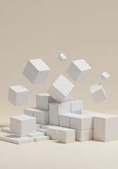 Fototapeta premium Abstract 3D Rendering of Falling and Stacked White Cubes on Beige Background Minimalist Geometric Composition