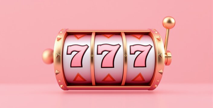 Pink and gold slot machine showing triple sevens in a stylized graphic style on a pastel background, symbolizing luck, success, and business. Ai generative