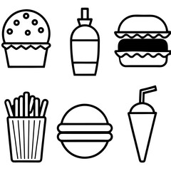 Editable Fast-Food Vector Icons Silhouette Style with White Background.