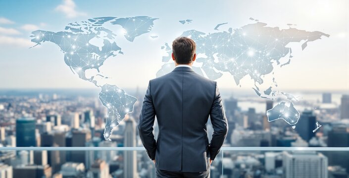 Man in suit looking at glowing global map with digital connections, creative style, standing on urban balcony, concept of global business strategy, Ai generative