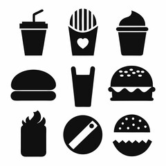 Minimal Fast-Food Icon Collection Silhouettes on White Background