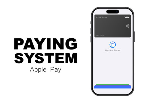 Apple pay illustration. IPhone device mockup. Paying system editorial purchase, illustrative payment.