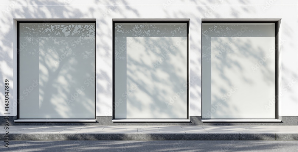 Poster three large empty storefront windows with soft tree shadows on a clean white wall, in a minimalist u