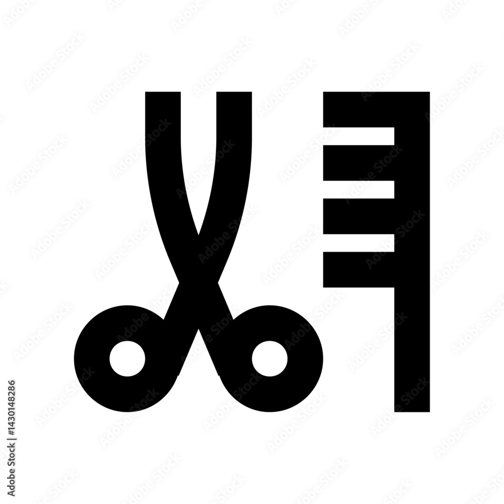 Poster illustration of a black pair of scissors and a black comb on a white background in a simple and mode