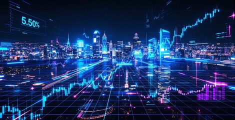 Obraz premium Neon-lit futuristic city with glowing skyscrapers and financial data charts over a grid surface, representing creative business technology concept. Ai generative