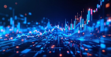 Digital financial chart with glowing lines and bars in futuristic style on dark virtual background, symbolizing business analytics and market data. Ai generative
