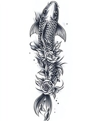 angled koi with fins transforming into rose petals, surreal symbolic tattoo design, stunning vector ink illustration