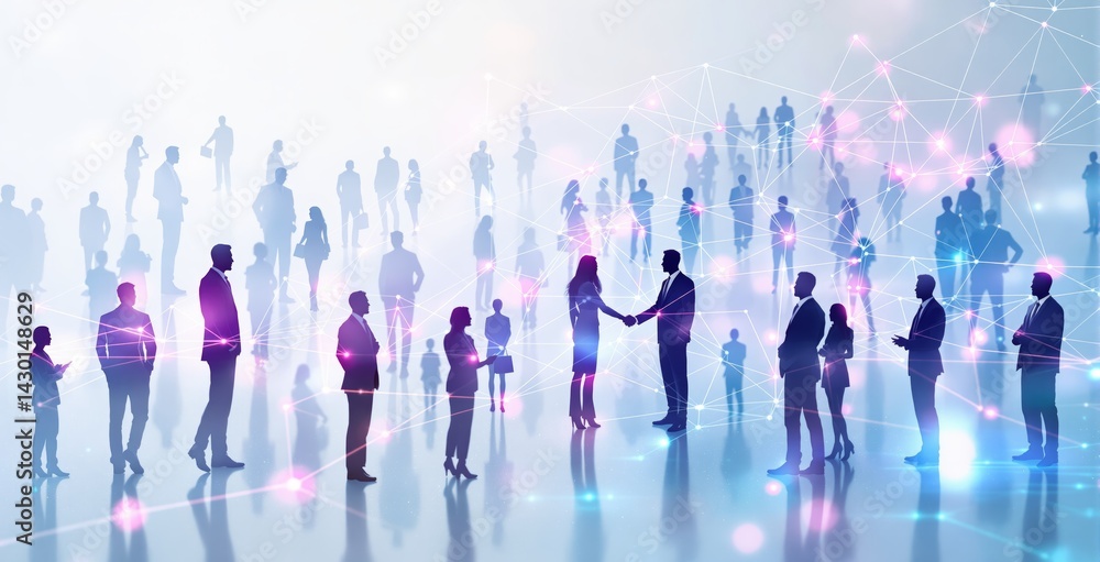 Aufkleber silhouettes of business people interacting, with glowing digital lines and nodes connecting them, fu