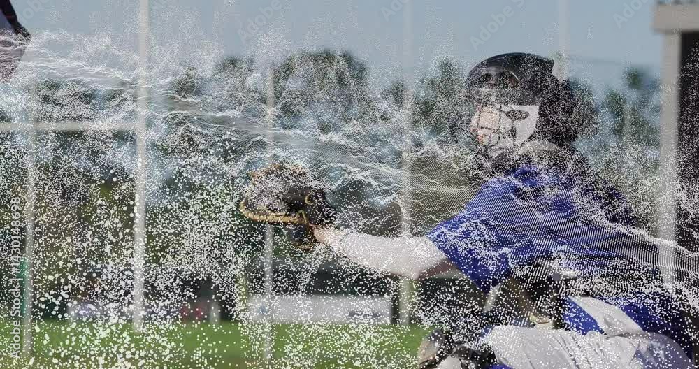 Poster baseball catcher crouching behind home plate, showing animated data overlay with pitch speed chart