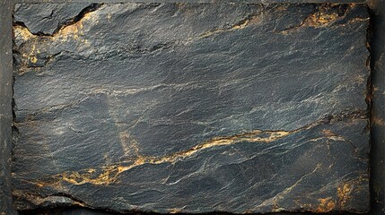 Textured slate slab with golden veins, dark grey stone backgroun