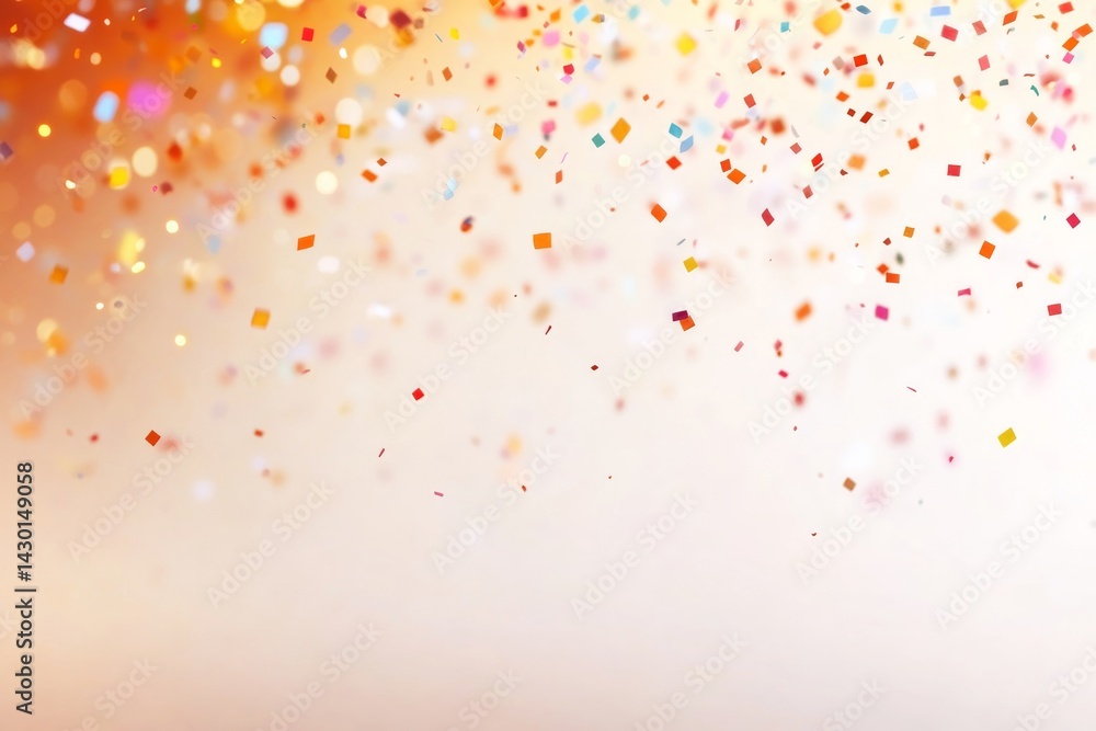 Poster A dynamic display of vibrant, multi-colored particles floats gracefully, forming a wave-like pattern against a soft, neutral backdrop with ample copy space