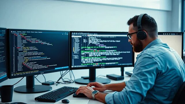 Focused programmer working with multiple monitors, writing code in a modern office