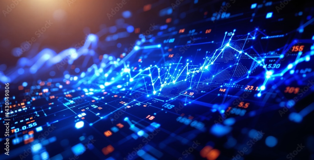 Poster digital financial chart with glowing blue lines and data points, futuristic interface style, on a da
