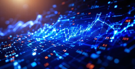 Digital financial chart with glowing blue lines and data points, futuristic interface style, on a dark background. Concept of business analytics. Ai generative
