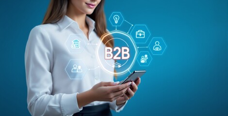 Businesswoman holding smartphone with glowing B2B icons representing business strategy and communication, creative style, blue background, concept of marketing. Ai generative