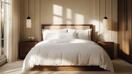 A cozy and welcoming bedroom interior design in soft earth tones with fluffy white bedding, an elegant hanging chandelier, warm wooden bedside tables and soft natural shadows.