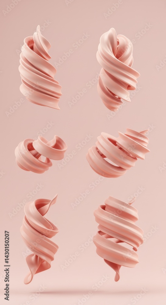 Poster abstract pink swirls: elegant 3d render of spiral forms floating on pastel background