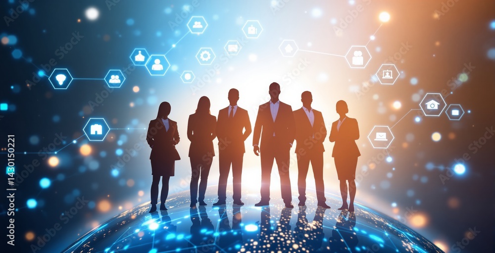 Poster group of businesspeople silhouetted on a glowing digital globe with futuristic interface icons on a 