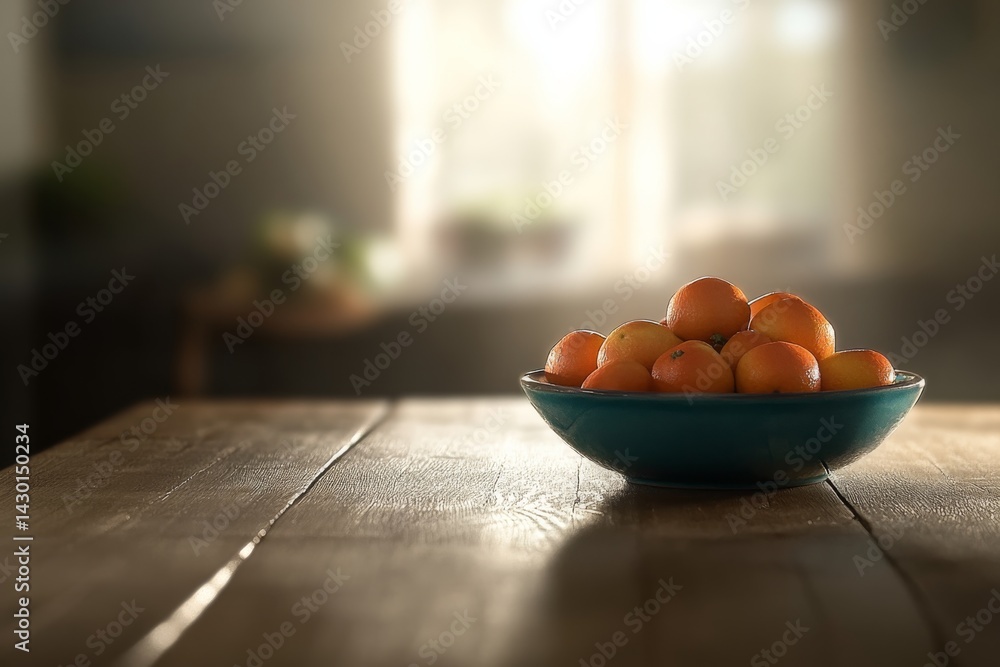 Poster Fresh fruits are arranged in a ceramic bowl on a wooden table, with soft sunlight streaming through a window creating gentle shadows, providing an inviting atmosphere