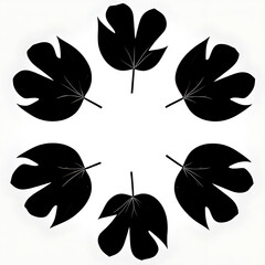 A collection of black leaf silhouettes of various shapes, including oval, heart-shaped, and jagged edges, all against a white background