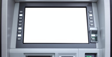 Close-up of ATM with blank screen and keypad, realistic style on a neutral background, concept of business interface or display mockup. Ai generative