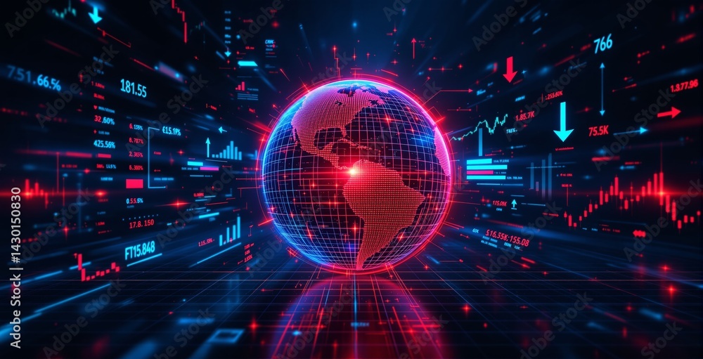 Aufkleber futuristic digital globe surrounded by financial data, charts, and graphs in neon style on a dark gr