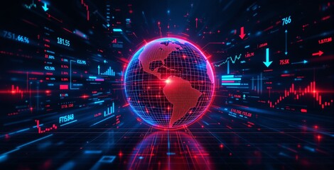 Futuristic digital globe surrounded by financial data, charts, and graphs in neon style on a dark grid background. Concept of global business analytics. Ai generative
