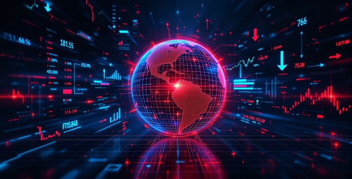 Futuristic digital globe surrounded by financial data, charts, and graphs in neon style on a dark grid background. Concept of global business analytics. Ai generative