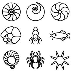 Fototapeta premium Marine Creatures Vector Set Black and White Icons