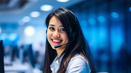 Smiling Asian Female Call Center Agent Wearing Headset in Office Environment


