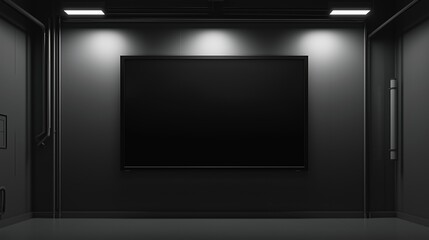 Obraz premium Realistic black digital screen mockup in a dark industrial setting, perfect for branding, advertising, tech presentations, and UI design.