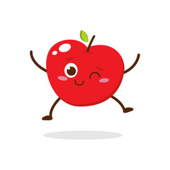 Cute Smiling Red Apple Character Waving – Kawaii Red Fruit Mascot Vector