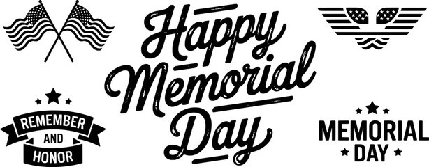 Fototapeta premium Happy memorial day black and white vector graphics with flags and patriotic elements