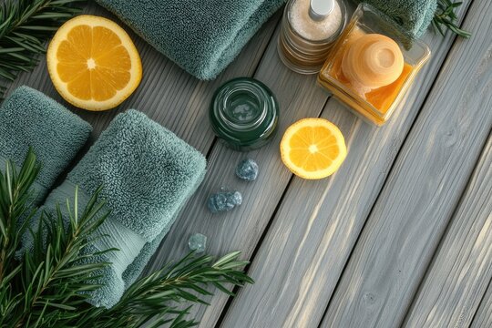 Spa essentials on a gray wooden surface.  Fresh towels, citrus fruits, and natural products create a calming atmosphere