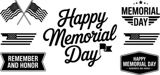 Fototapeta premium Happy memorial day black and white vector graphics with american flags
