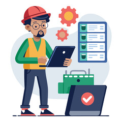 male engineer checks the program and discovers an error. Hand drawn style vector design illustrations.