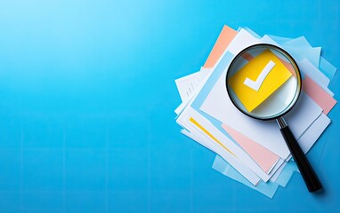 Documents under magnifying glass. A check mark on a piece of paper highlights important information among many documents