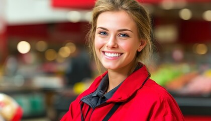 Young woman smiles confidently at camera. Happy employee in grocery store. Professional retail worker looking directly at viewer. Indoor supermarket setting. Friendly employee in retail