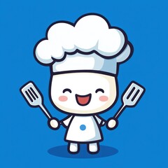 Cartoon Chef Holding Spatulas Against Blue Background. Possible Use Stock Photo