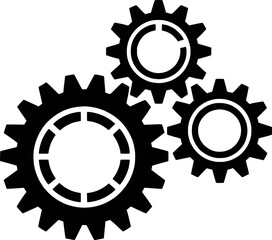 Three interlocking black and white gears illustrating mechanical process and connection