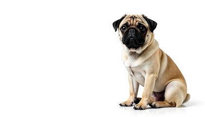 Obraz premium Adorable pug dog sitting, isolated on white background, wrinkles, adorable, companion