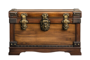 A vintage wooden treasure chest meticulously crafted with antique brass latches and dark wood sits against a stark black background on transparent background