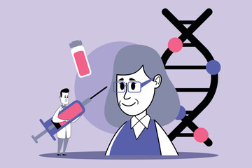 Fototapeta premium Scientist administering syringe while woman reflecting on beauty. DNA structure on background. Link between science and aesthetic ideals concept